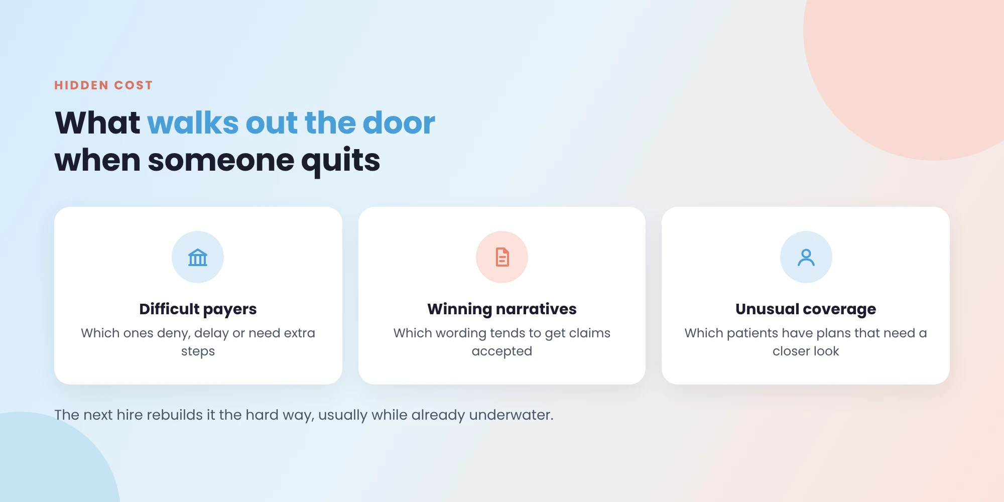 What walks out the door when someone quits: knowledge of difficult payers, winning narratives and unusual coverage, which the next hire rebuilds the hard way